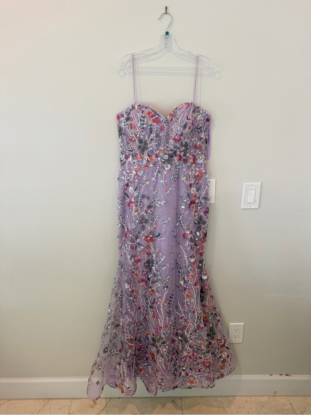 Mac Duggal Purple Spaghetti Strap Floral Lilac Strapless Floral Embroidered Gown